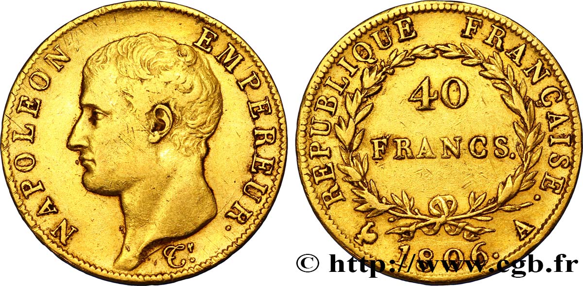 40 francs or Napoléon tête nue, Calendrier grégorien 1806 Paris F.538/1 TTB45 