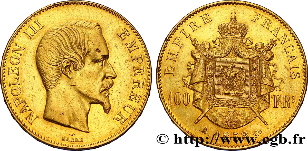 100 francs or Napoléon III, tête nue 1858 Paris F.550/5 XF42 