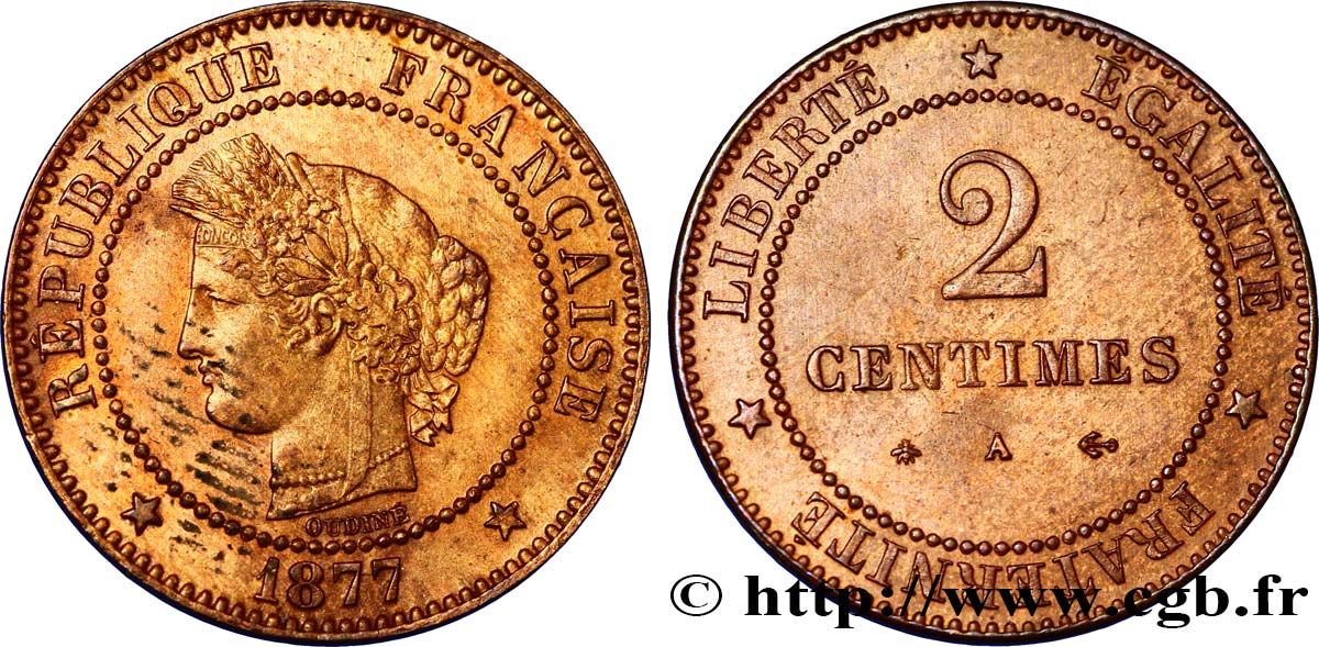 2 centimes Cérès 1877 Paris F.109/2 EBC58 