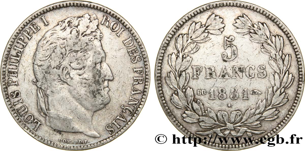 5 francs Ier type Domard, tranche en creux 1831 Strasbourg F.319/1 TB25 