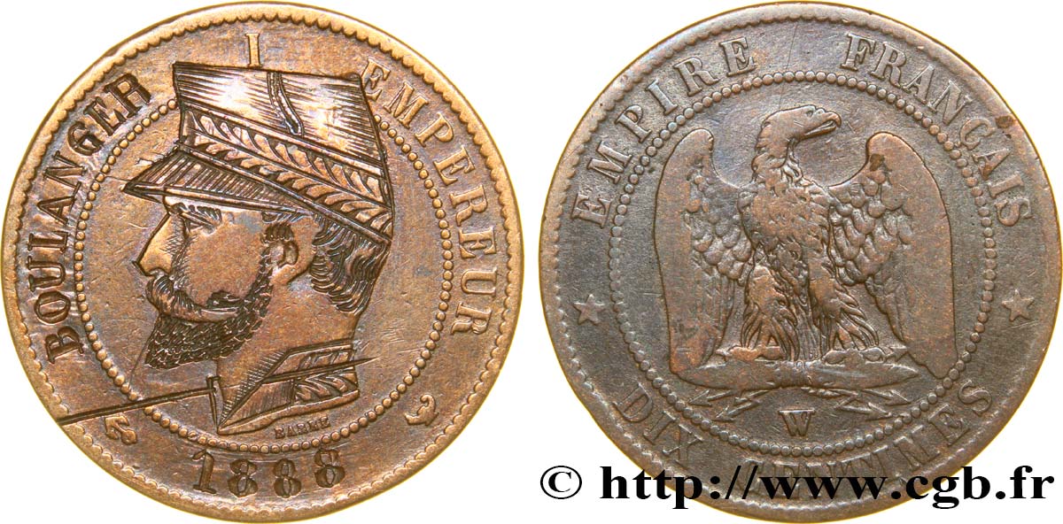 Dix centimes Napoléon III, tête nue, satirique pour le Général Boulanger 1888 Lille F.133/- var. TB25 