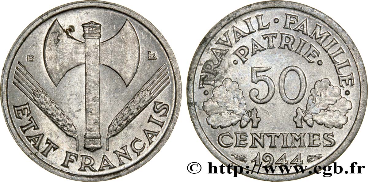 50 centimes Francisque, légère 1944 Beaumont-Le-Roger F.196/5 SUP60 
