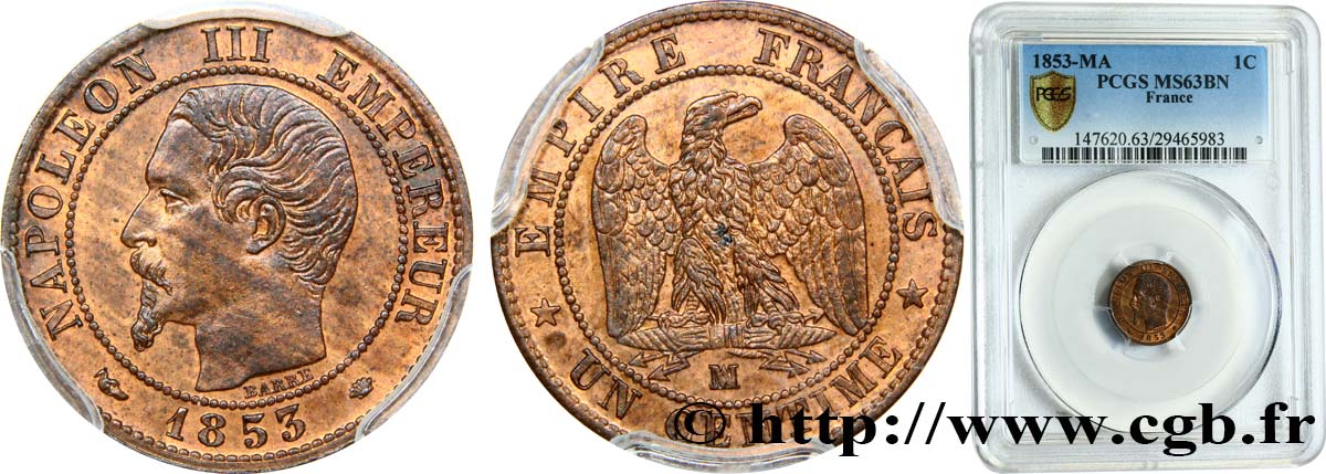 Un centime Napoléon III, tête nue 1853 Marseille F.102/7 SC63 PCGS