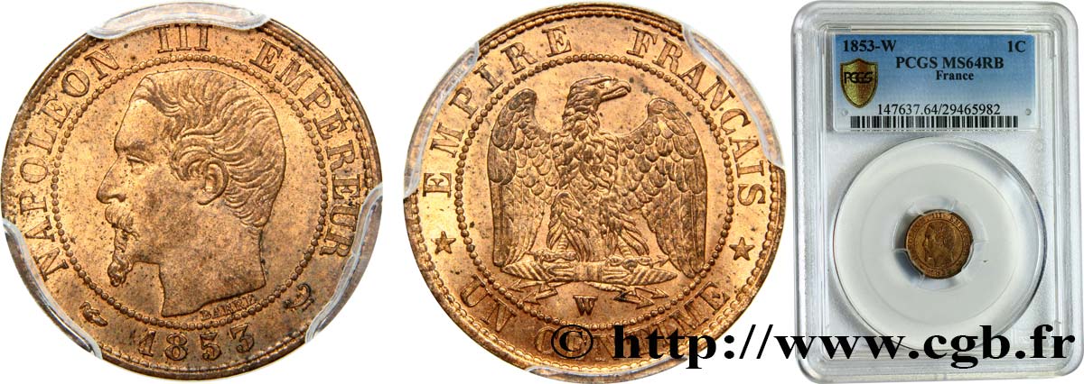 Un centime Napoléon III, tête nue 1853 Lille F.102/8 SPL64 PCGS