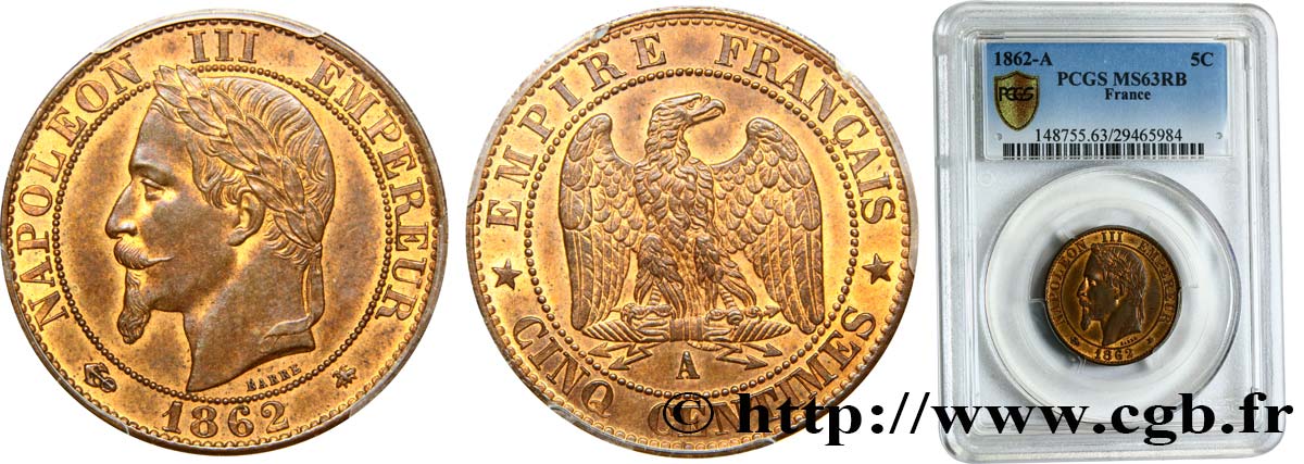 Cinq centimes Napoléon III, tête laurée 1862 Paris F.117/7 MS63 PCGS