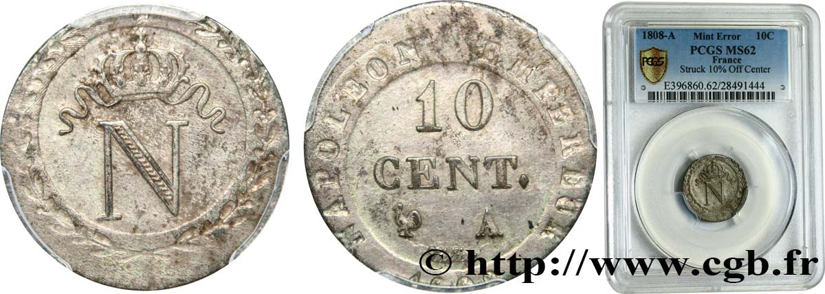 10 cent. à l N couronnée, exemplaire décentré 1808 Paris F.130/2 MS62 PCGS