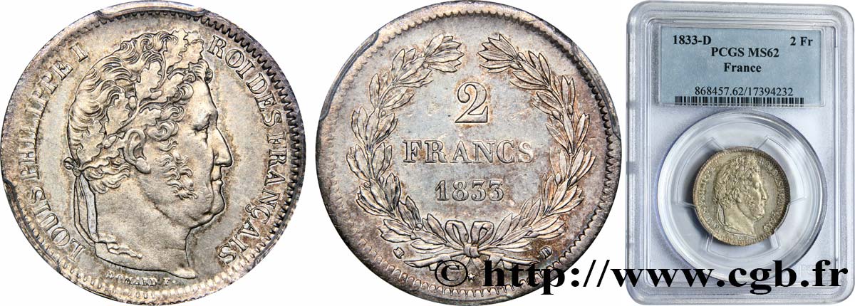 2 francs Louis-Philippe 1833 Lyon F.260/20 VZ62 PCGS