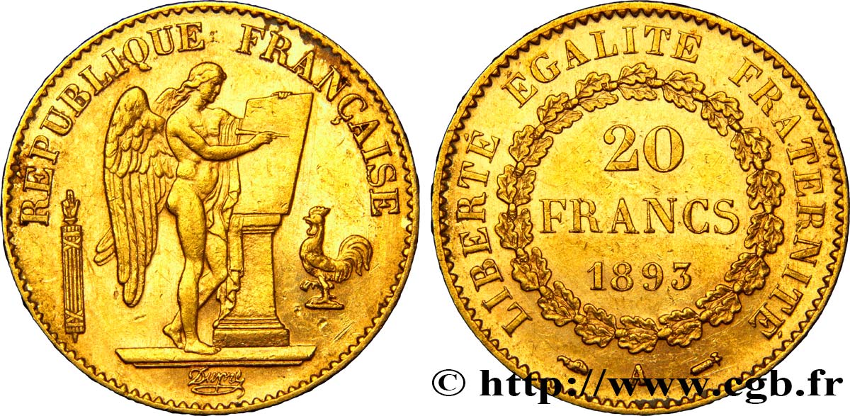 20 francs or Génie, Troisième République 1893 Paris F.533/17 MBC50 