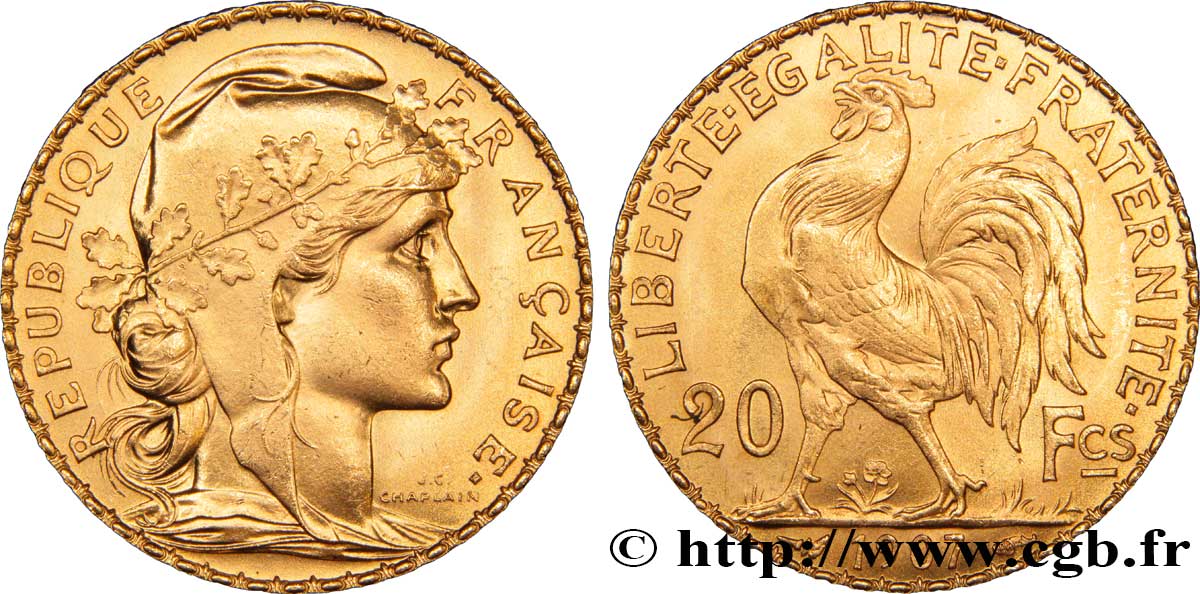20 francs or Coq, Liberté Égalité Fraternité 1907 Paris F.535/1 SUP62 