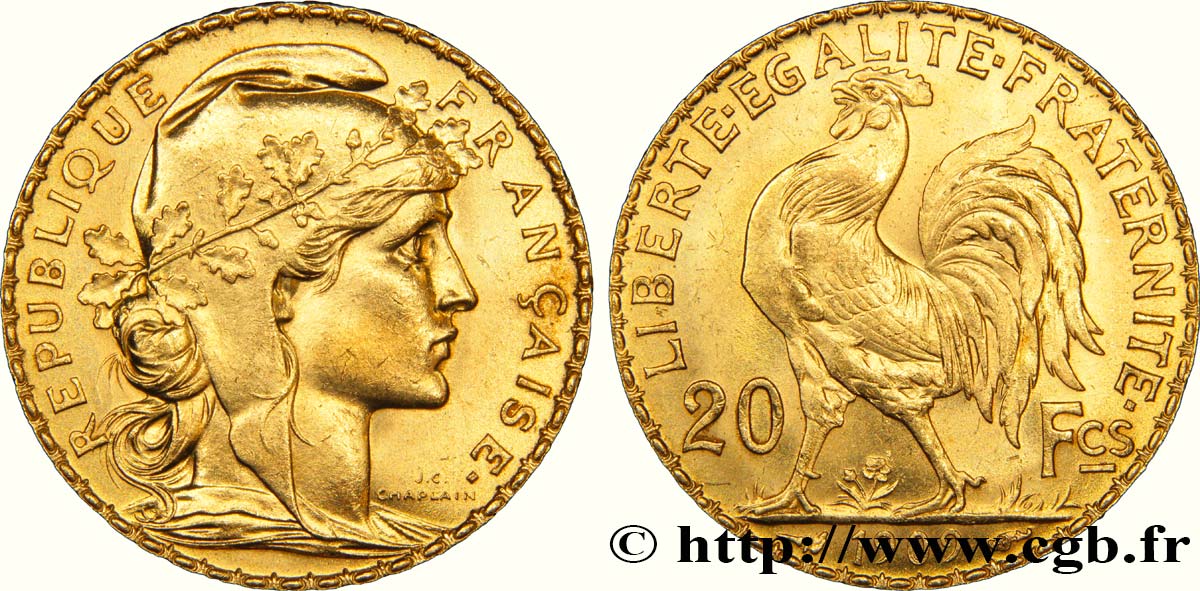 20 francs or Coq, Liberté Égalité Fraternité 1909 Paris F.535/3 SPL62 