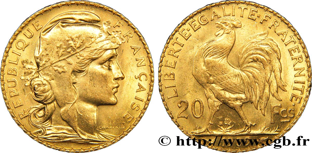 20 francs or Coq, Liberté Égalité Fraternité 1909 Paris F.535/3 EBC60 