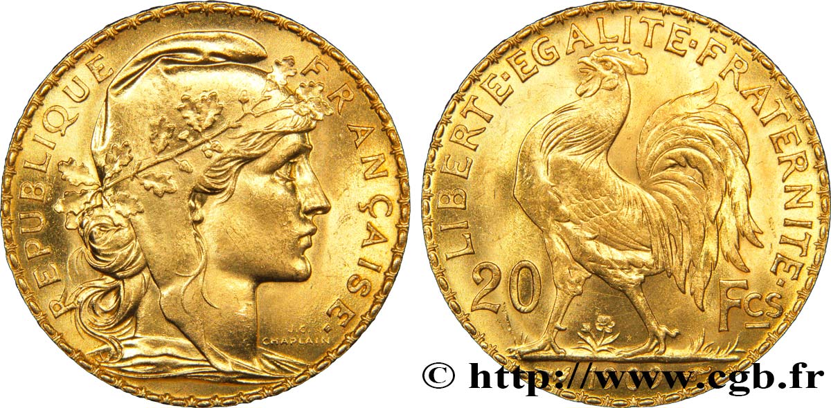 20 francs or Coq, Liberté Égalité Fraternité 1909 Paris F.535/3 MS60 