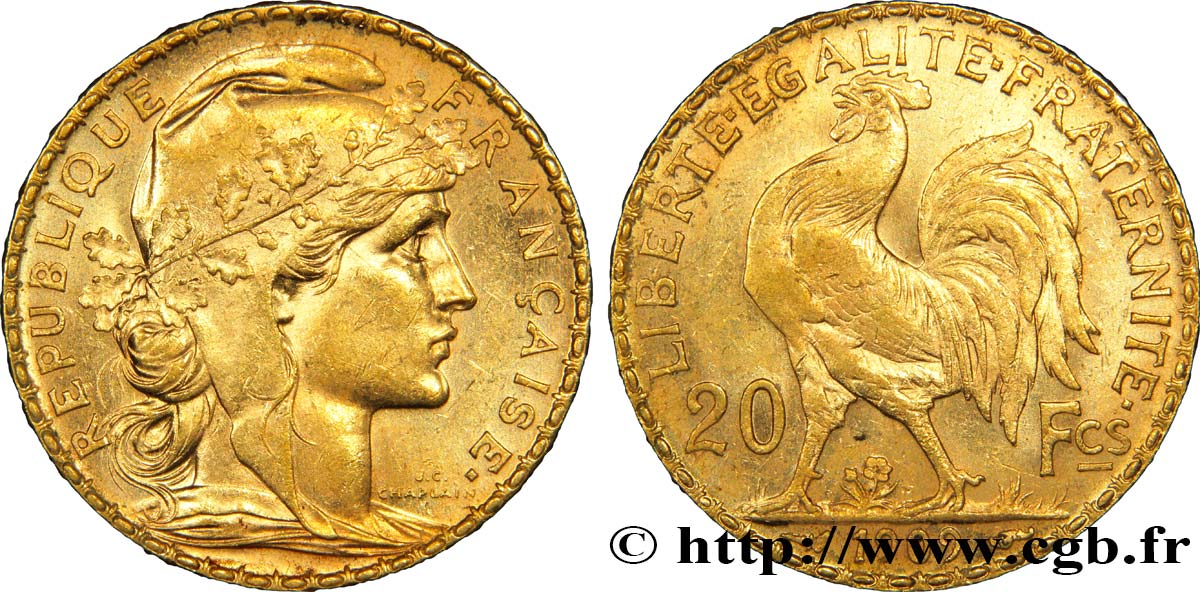 20 francs or Coq, Liberté Égalité Fraternité 1909 Paris F.535/3 SUP58 