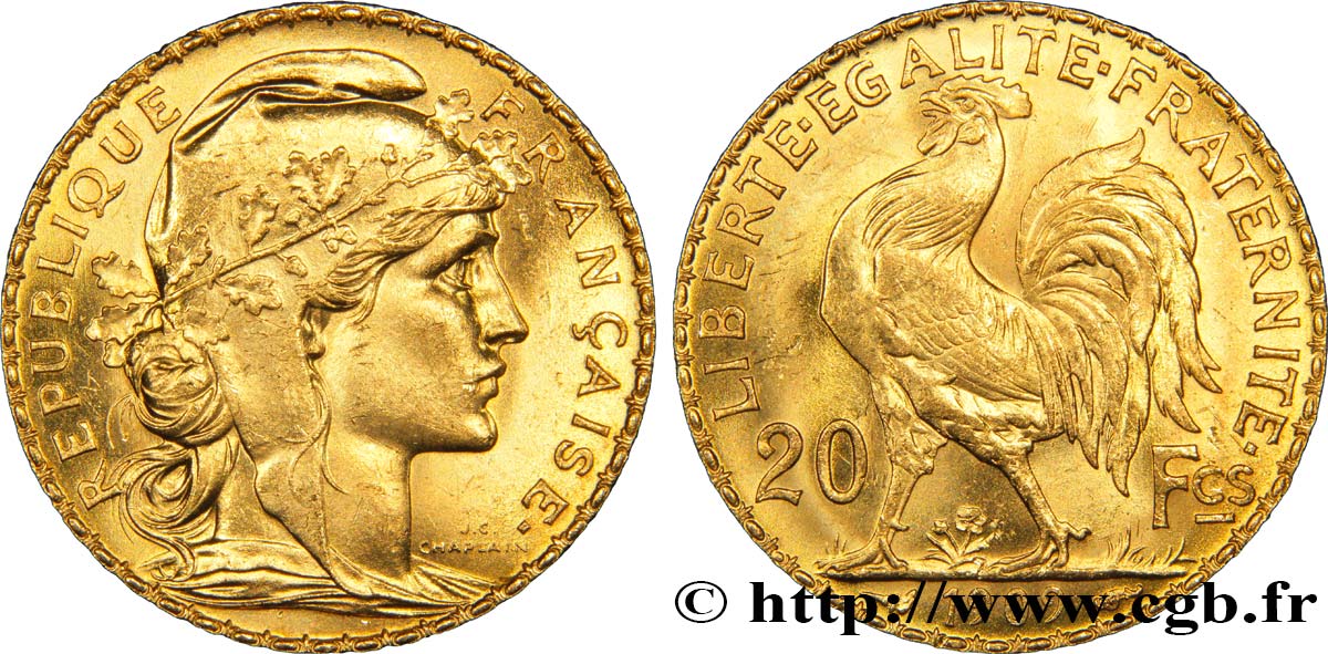 20 francs or Coq, Liberté Égalité Fraternité 1909 Paris F.535/3 MS60 