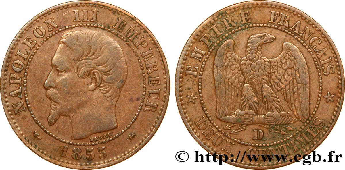 Deux centimes Napoléon III, tête nue, différent levrette, grand D et petit lion 1855 Lyon F.107/26 TTB45 