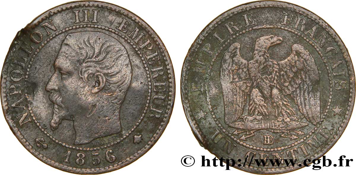 Un centime Napoléon III, tête nue 1856 Strasbourg F.102/28 MB20 