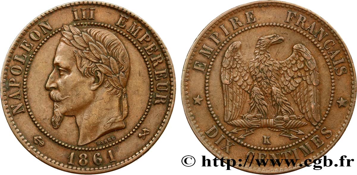 Dix centimes Napoléon III, tête laurée 1861 Bordeaux F.134/6 TTB48 