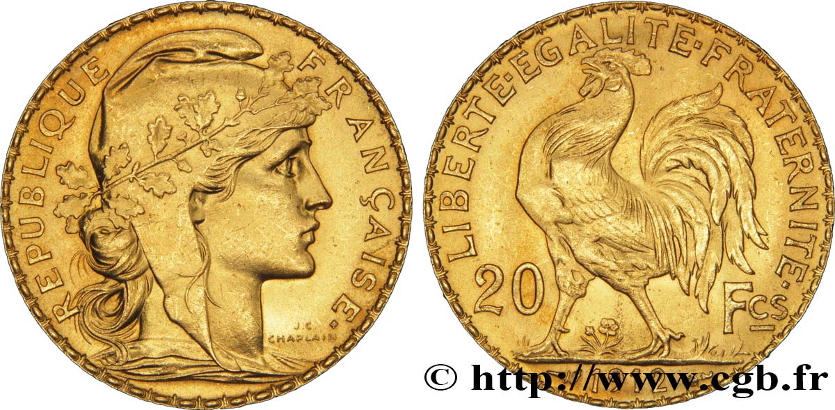 20 francs or Coq, Liberté Égalité Fraternité 1912 Paris F.535/6 VZ60 