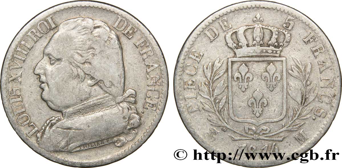 5 francs Louis XVIII, buste habillé 1814 Toulouse F.308/9 VF25 
