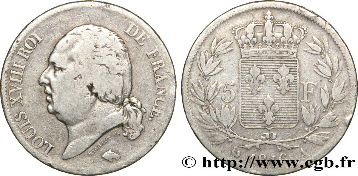 5 francs Louis XVIII, tête nue 1816 Paris F.309/1 S20 
