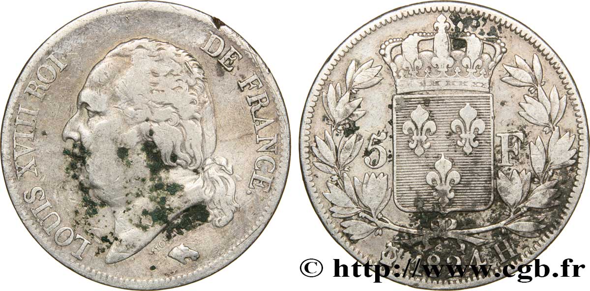 5 francs Louis XVIII, tête nue 1824 La Rochelle F.309/91 TB20 