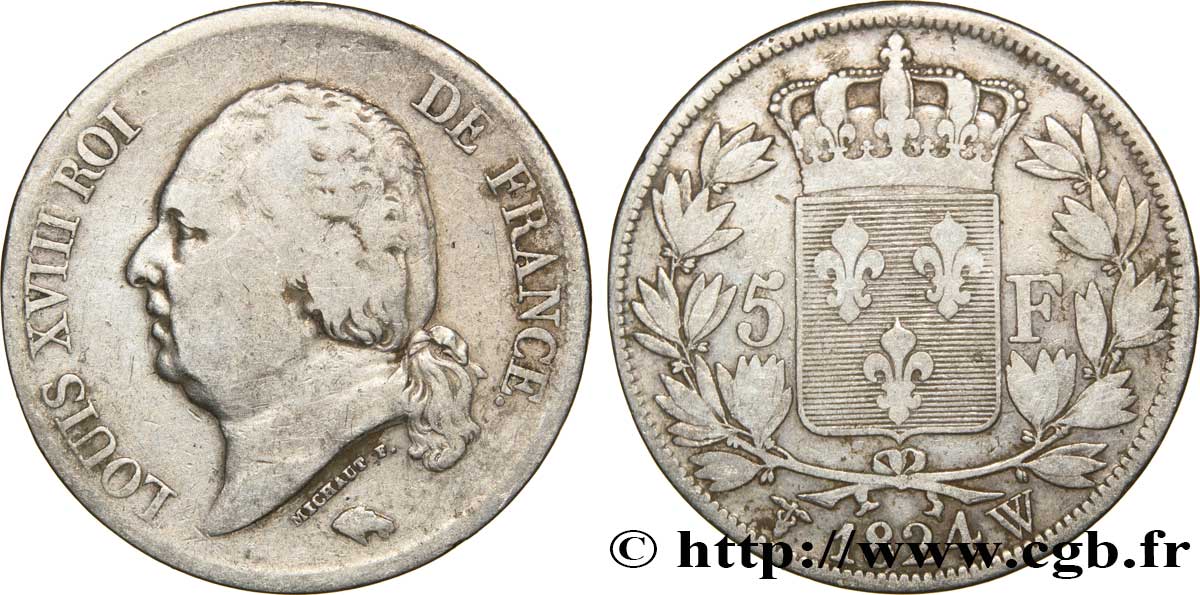 5 francs Louis XVIII, tête nue 1824 Lille F.309/98 VF25 