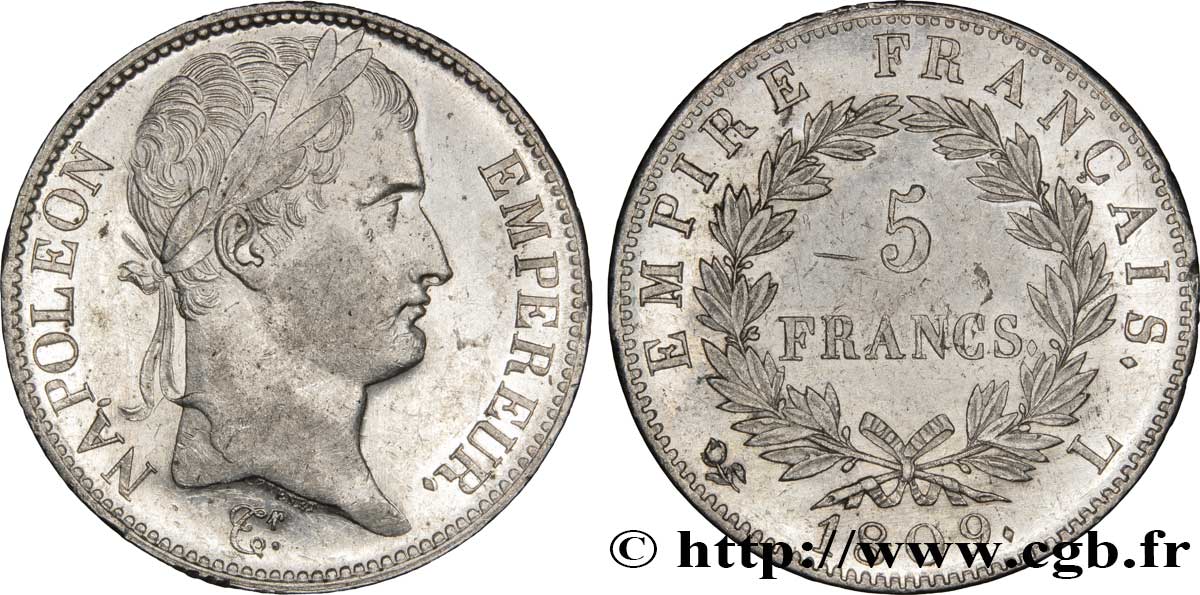 5 francs Napoléon Empereur, Empire français 1809 Bayonne F.307/8 MBC52 