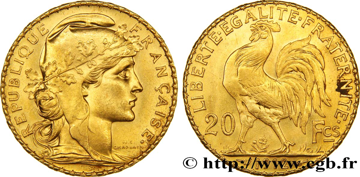 20 francs or Coq, Liberté Égalité Fraternité 1912 Paris F.535/6 SPL60 