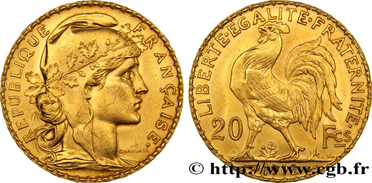 20 francs or Coq, Liberté Égalité Fraternité 1912 Paris F.535/6 SPL60 
