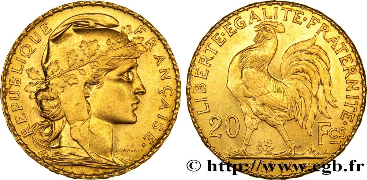 20 francs or Coq, Liberté Égalité Fraternité 1914 Paris F.535/8 EBC60 