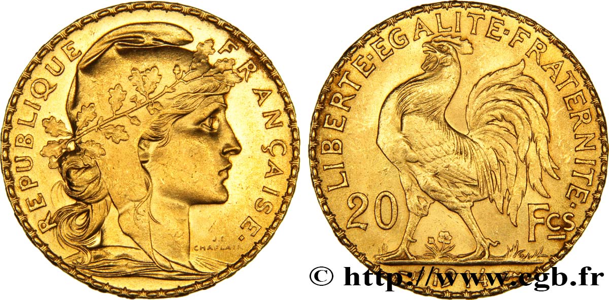 20 francs or Coq, Liberté Égalité Fraternité 1914 Paris F.535/8 VZ60 