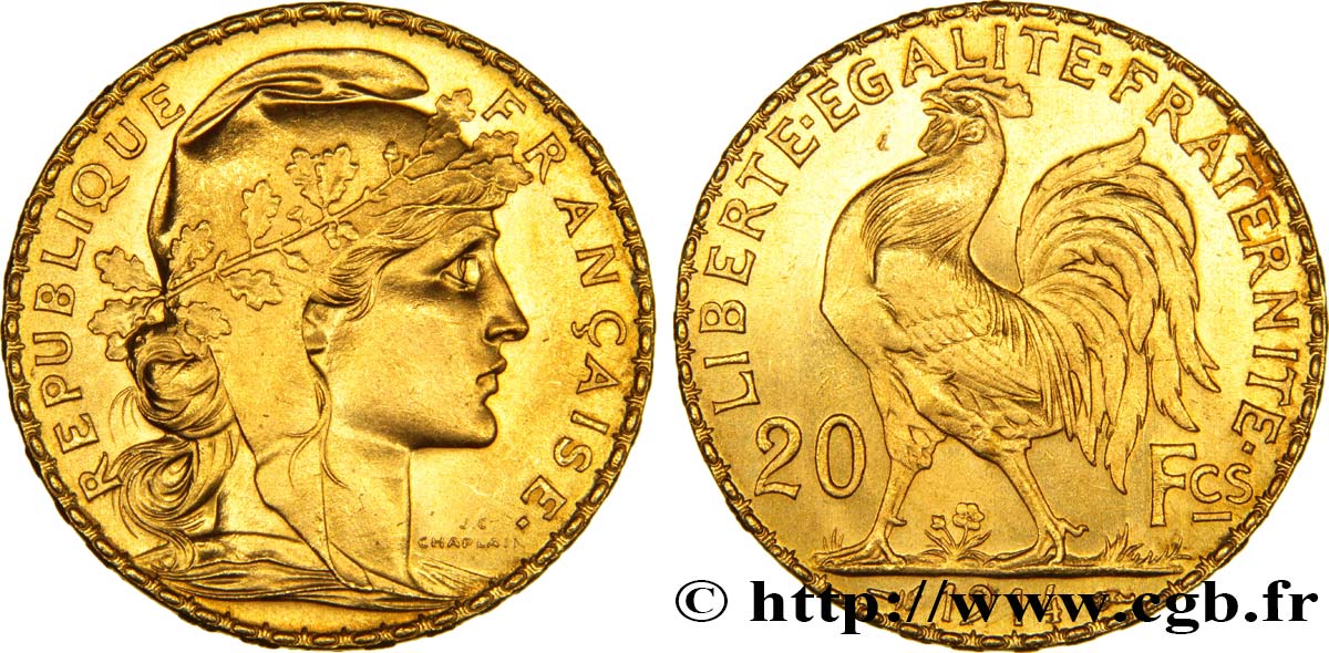 20 francs or Coq, Liberté Égalité Fraternité 1914 Paris F.535/8 MS60 
