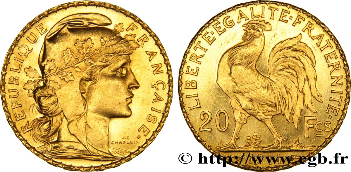 20 francs or Coq, Liberté Égalité Fraternité 1914 Paris F.535/8 MS60 