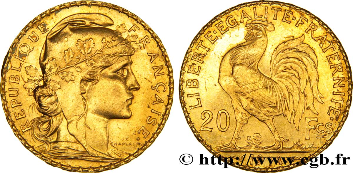 20 francs or Coq, Liberté Égalité Fraternité 1914 Paris F.535/8 SUP58 
