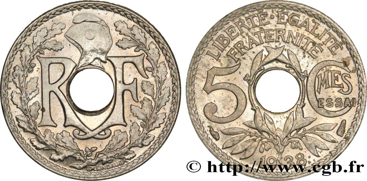 Essai de 5 centimes Lindauer maillechort, ESSAI en creux 1938 Paris VG.5489  SC64 