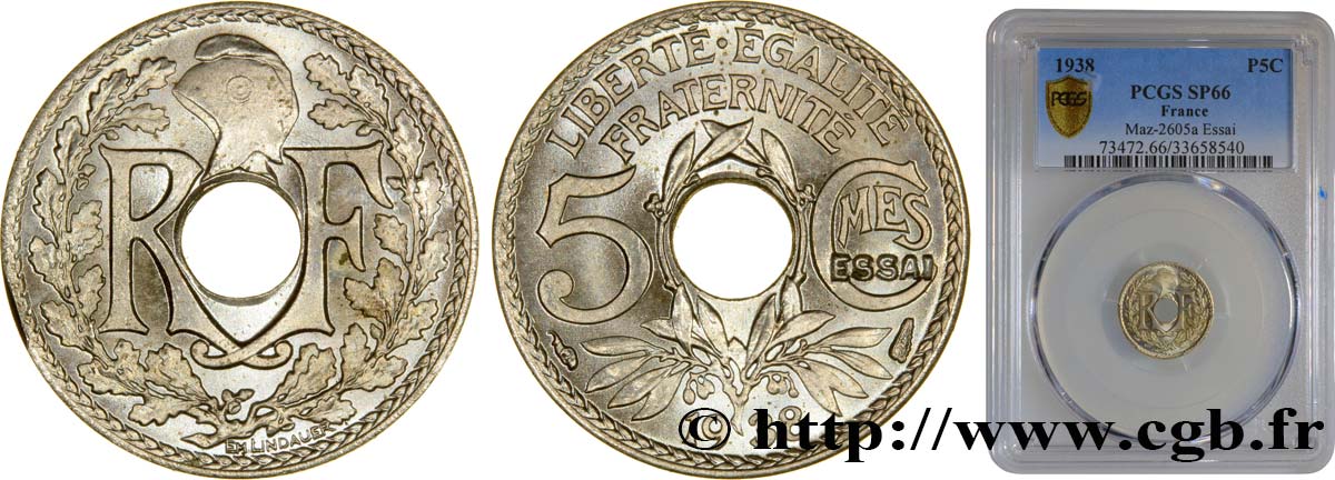 Essai de 5 centimes Lindauer maillechort, ESSAI en creux 1938 Paris GEM.19 10 ST66 PCGS