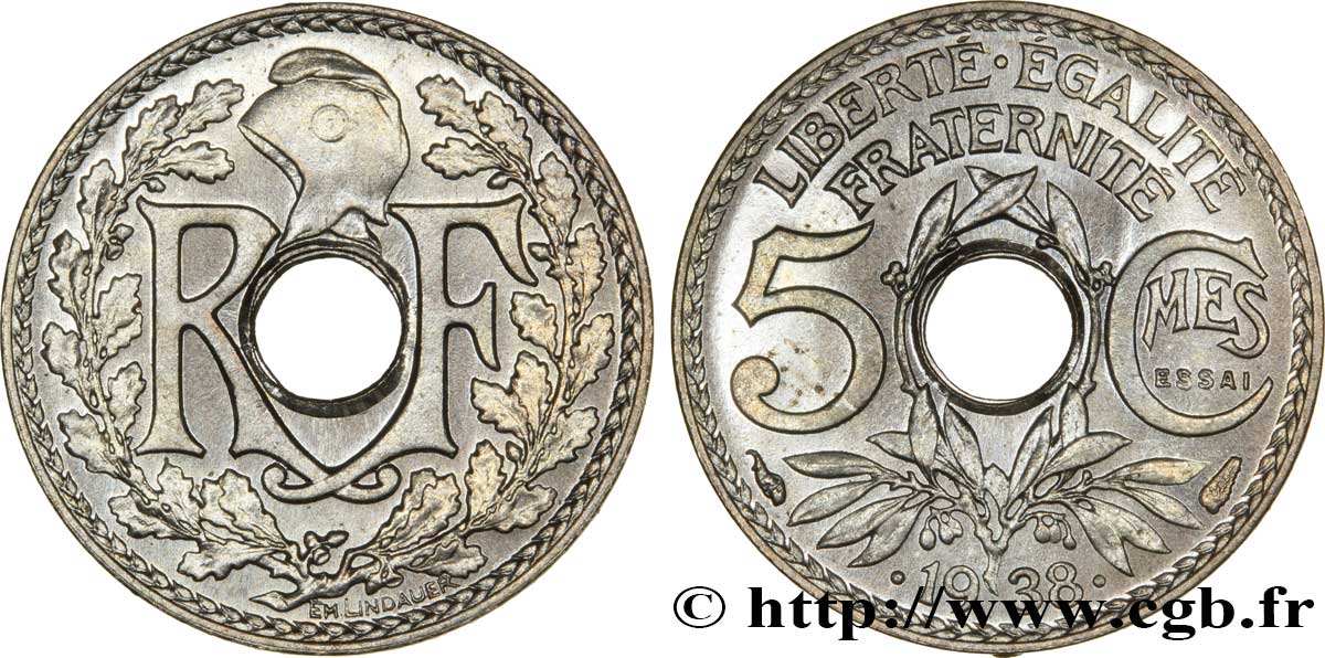 Essai de 5 centimes Lindauer maillechort, ESSAI en relief 1938 Paris F.123A/1 FDC66 