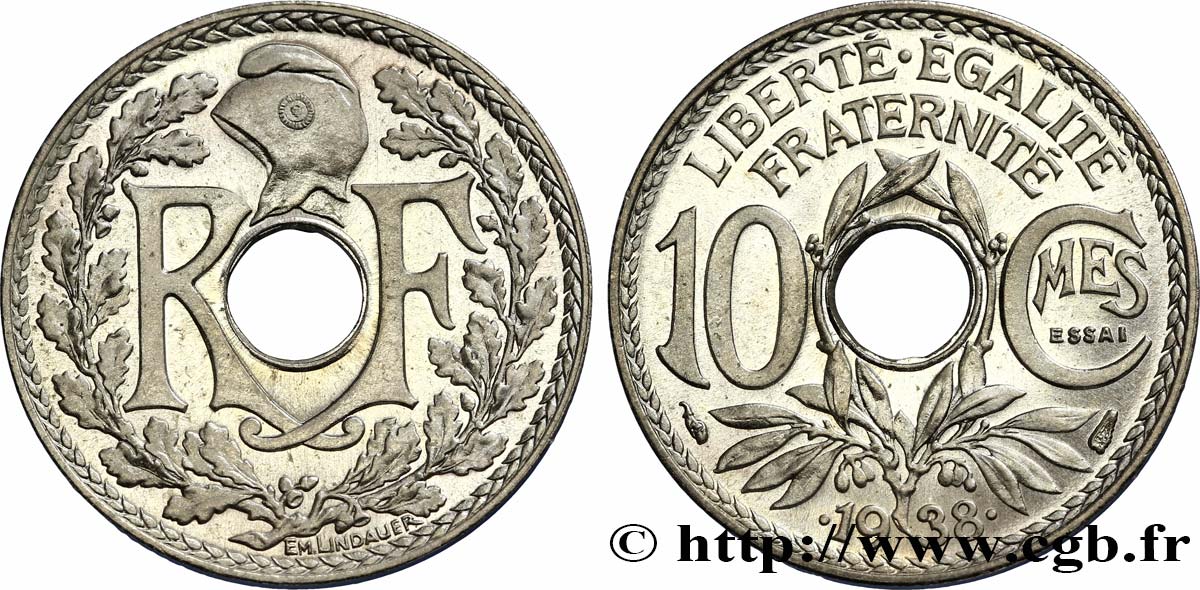 Essai de 10 centimes Lindauer, maillechort 1938 Paris F.139/1 MS65 
