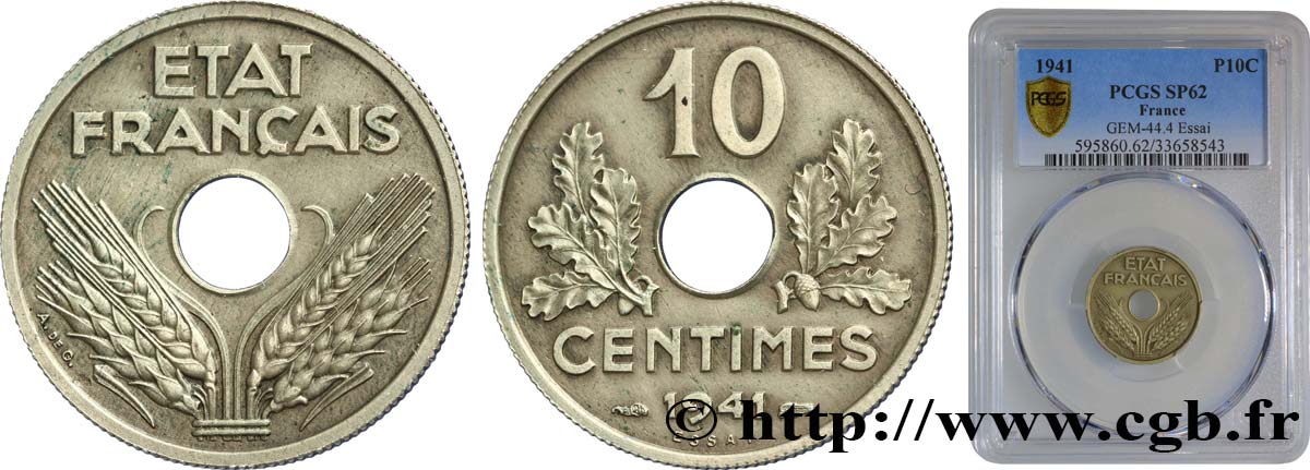 Essai de 10 centimes État français, grand module en cuivre argenté 1941 Paris F.141/1 var. EBC62 PCGS