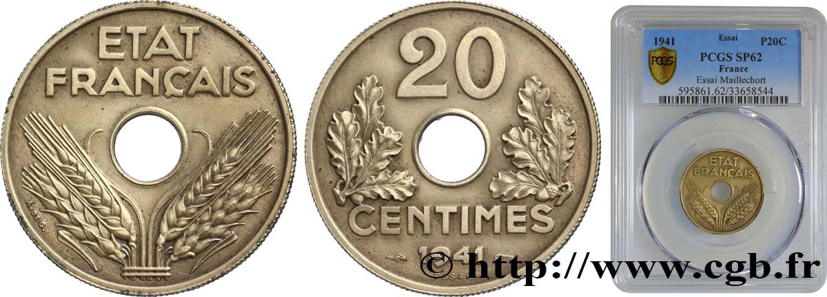 Essai de 20 centimes État français en Maillechort 1941 Paris F.153/1 var. MS62 PCGS