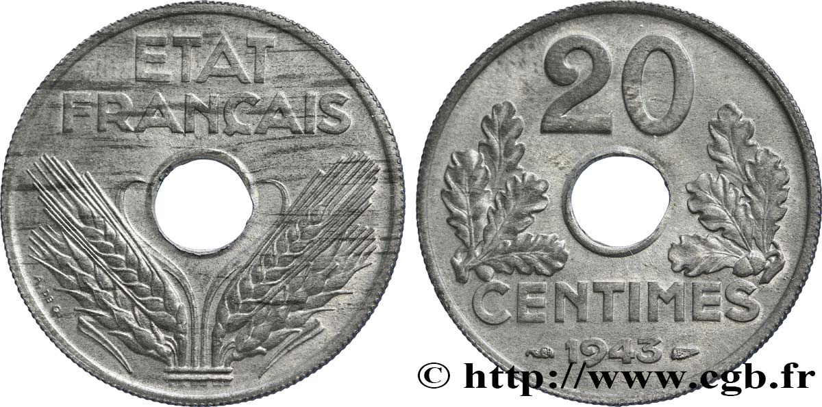 20 centimes État français, légère, poids très léger (2,80 g) 1943  F.153A/1 MS63 