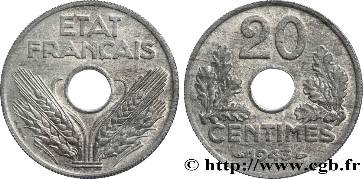 20 centimes État français, légère, poids très léger (2,80 g) 1943  F.153A/1 VZ62 