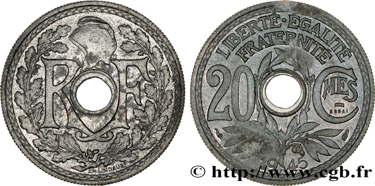 Essai de 20 centimes Lindauer en zinc 1945 Paris F.155/1 SUP58 