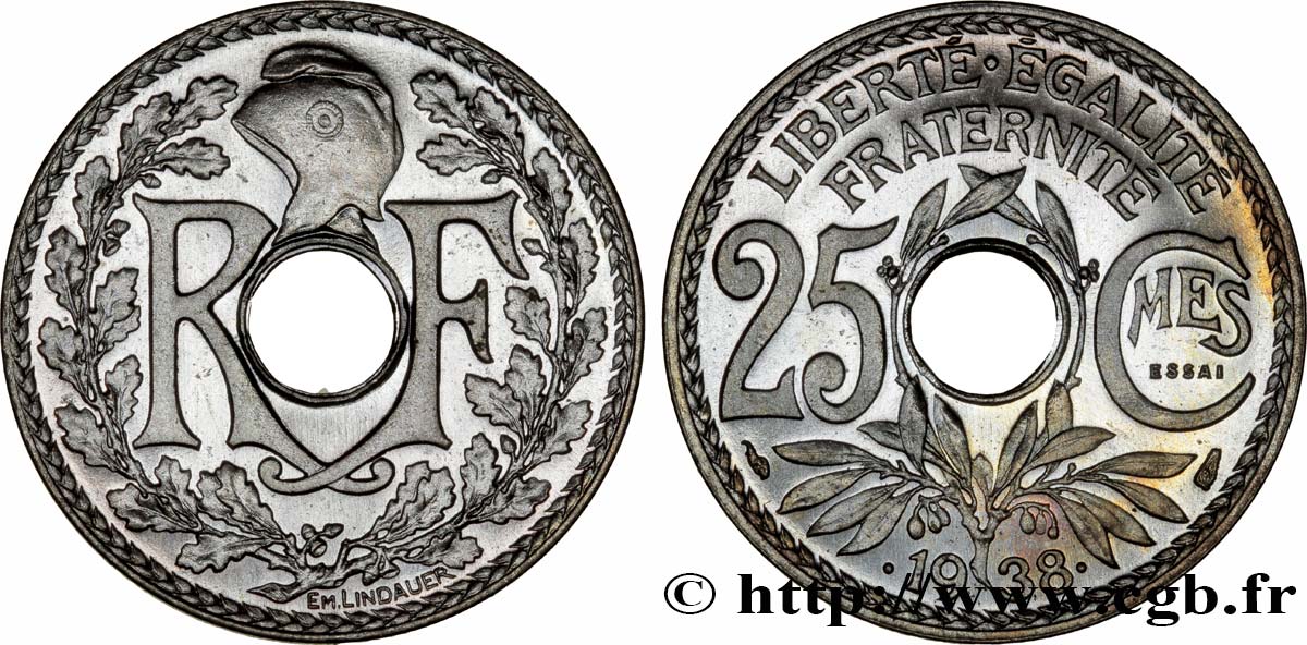 Essai de 25 centimes Lindauer, maillechort 1938 Paris F.172/1 MS66 