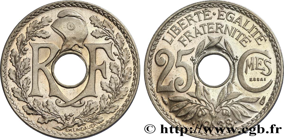 Essai de 25 centimes Lindauer, maillechort 1938 Paris F.172/1 MS65 
