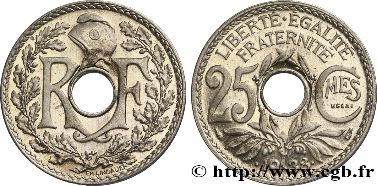 Essai de 25 centimes Lindauer, maillechort 1938 Paris F.172/1 fST64 
