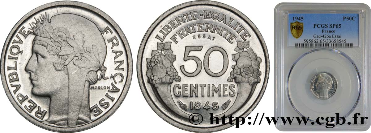 Essai de 50 centimes Morlon, légère 1945 Paris GEM.88 4 MS65 