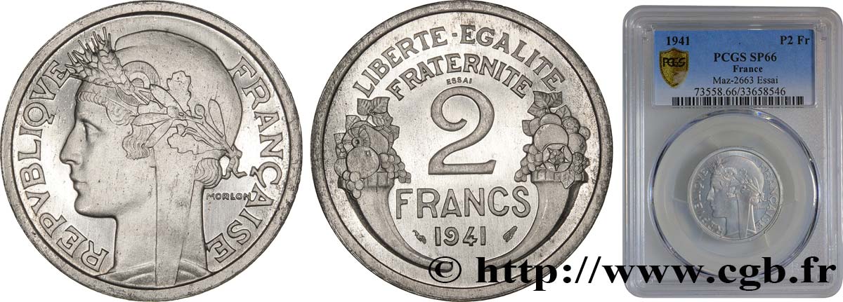 Essai de 2 francs Morlon, aluminium, poids très lourd 1941 Paris GEM.114 5 var. MS66 PCGS
