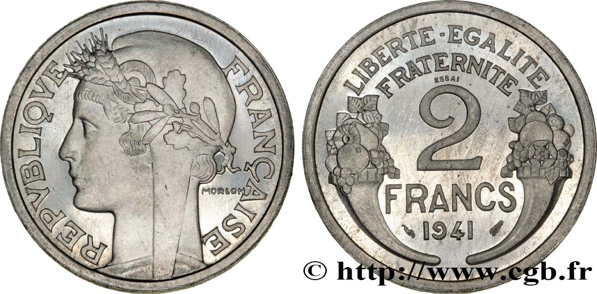 Essai de 2 francs Morlon, aluminium, poids lourd 1941 Paris F.269/1 FDC65 
