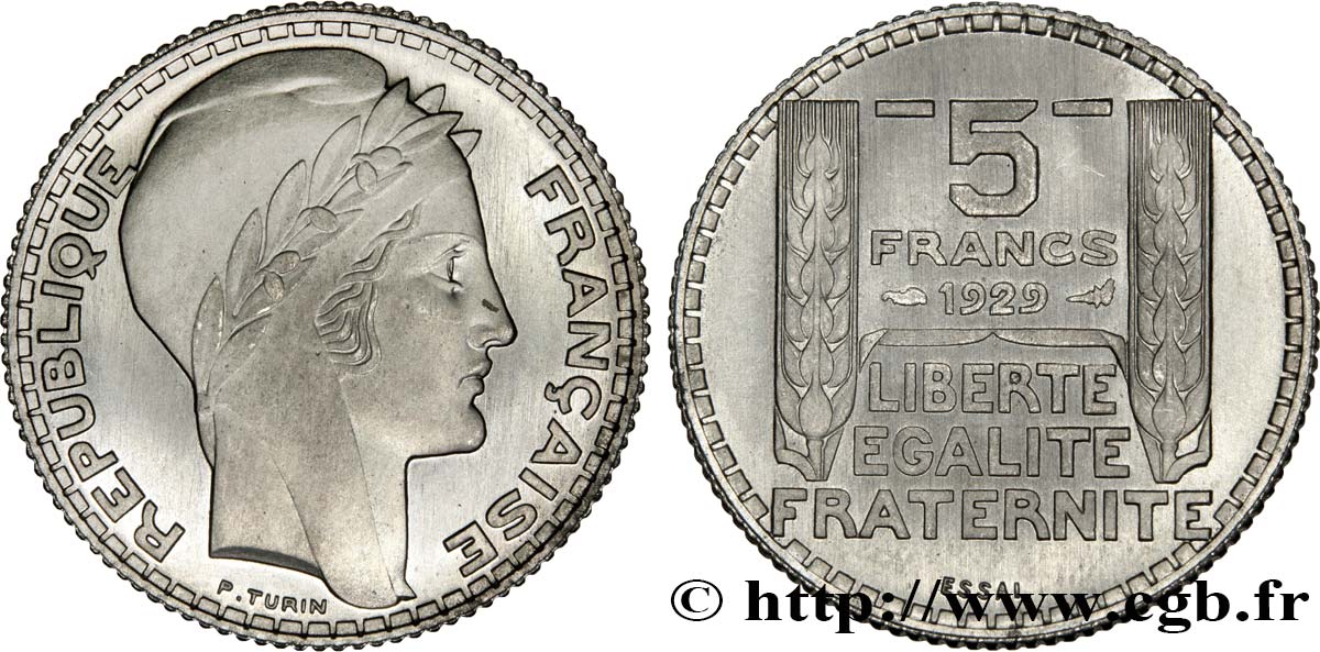 Concours de 5 francs, essai de Turin en nickel, poids 6 g 1929 Paris GEM.140 2 MS65 